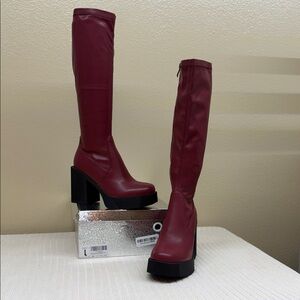 Wide Shaft Over-the-Knee Platform Boots in Deep Burgundy